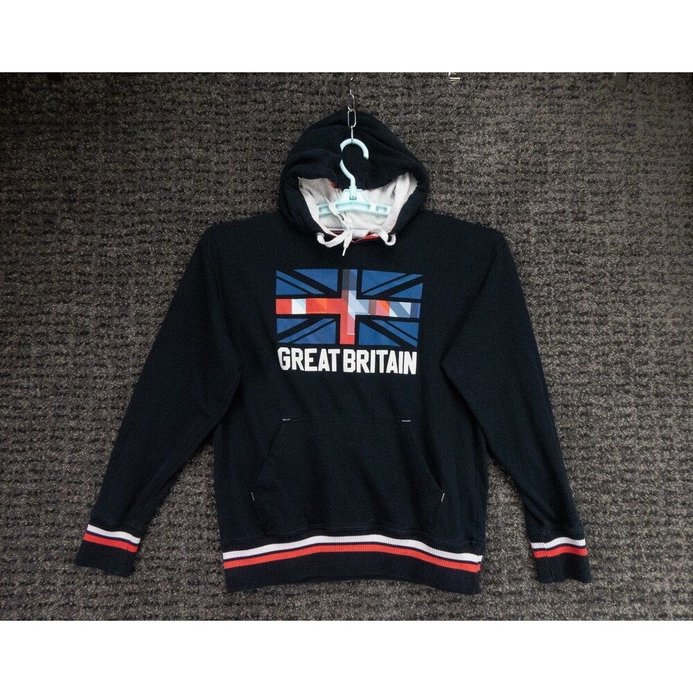 Great Britain Hoodie Mens Medium Navy Blue Sweater Union Jack Graphic UK Casual